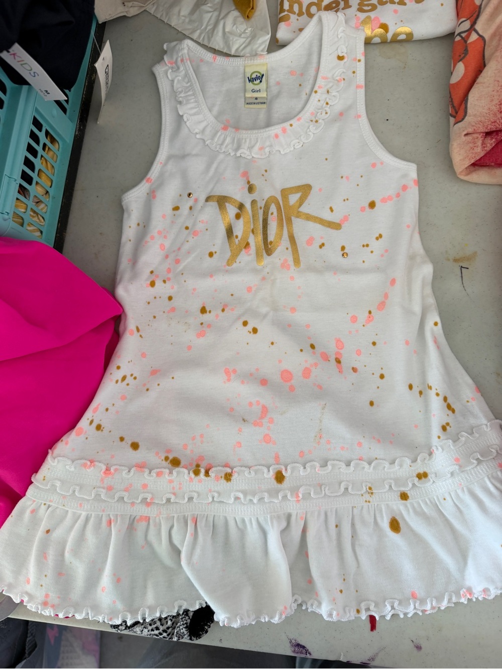 White Girls' Tank Dress with Gold 'DIOR' Script and Pink Splatter
